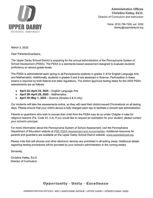  2024-2025 PSSA Parent Information Letter